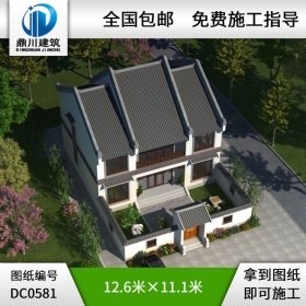 新中式二層帶庭院農村自建房屋設計圖紙_農村兩層房子設計,鼎川建筑